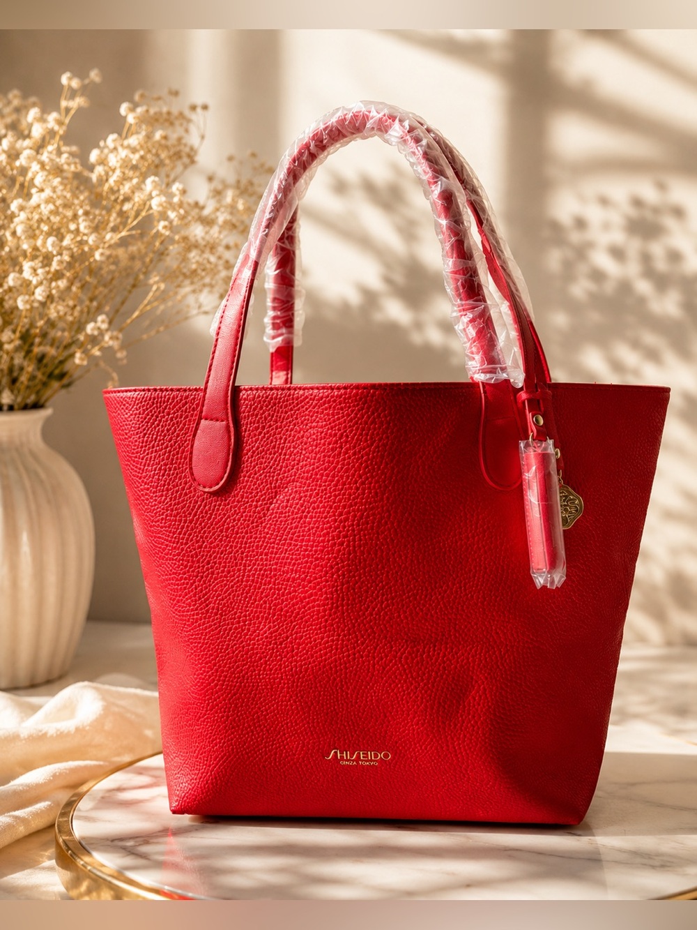 Shiseido Ginza Tokyo Red Tote Bag Pebbled Leather Look Shoulder Purse Gold Charm
